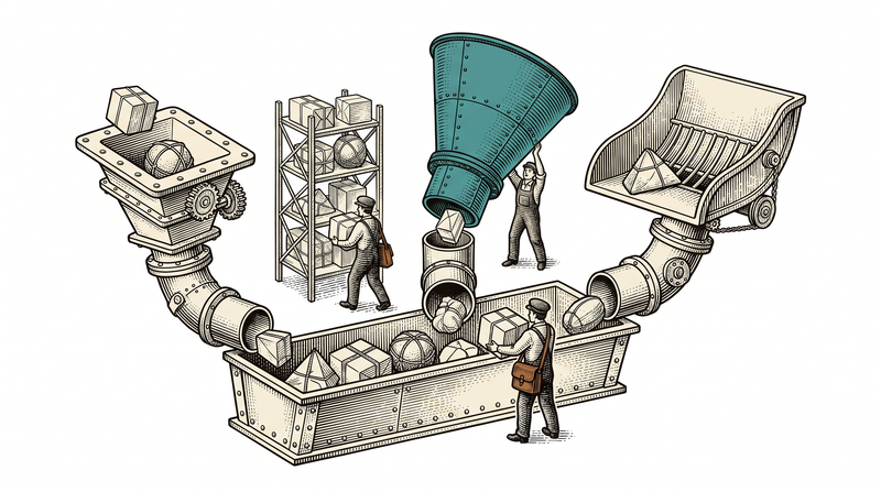 Three differently shaped intake mouths feeding one single trough; a worker lifts the teal mouth clear of its socket while the trough and the other two keep working, and another carries parcels to the rack behind