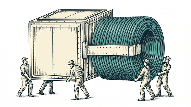 A closed case and an enormous coil riveted together by a single strap, so the workers can only carry the two as one