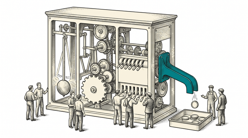 One cabinet with three separate inputs on its face — a pendulum, a notched wheel and a row of levers — all driving the same teal output arm, which has just dropped a token into the tray