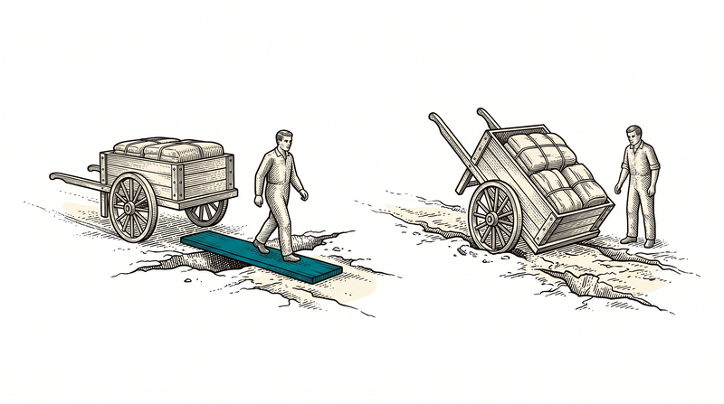 A worker walking ahead has laid a teal plank over the hole and their cart rolls on; the other cart, with nobody ahead of it, has dropped into a hole and tipped over