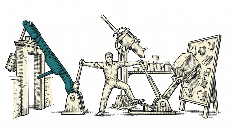 One worker drives two levers by hand and a third by foot pedal at once: the gate, the court board and the filling line all run together