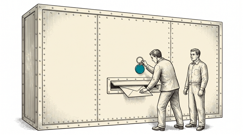 A huge vault with no handle, no door and no wheel on our side; a plain cream sealed packet is going in through its one narrow slot, and in the other hand of the worker posting it a teal token on a ring is held up — the only thing left on this side of the wall