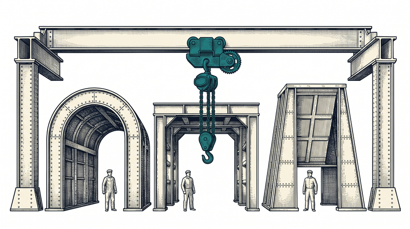 Three completely different service bays — arched, square and tapered — each with its own worker; one single beam runs above them all and the one teal hoist travelling on it can reach into any of them