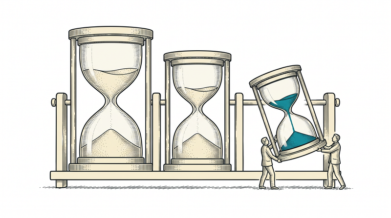 Of three hourglasses of different sizes only the smallest has been turned and its teal sand is running, while the other two sit still in their cradles