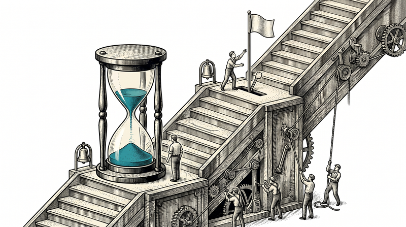 A tall staircase with a bell at every landing; on the lower step a giant hourglass has just run empty, on the landing above a flag has sprung upright out of its slot and the figure there is already reaching for it, while the figure on the lower step stands turned away, unaware