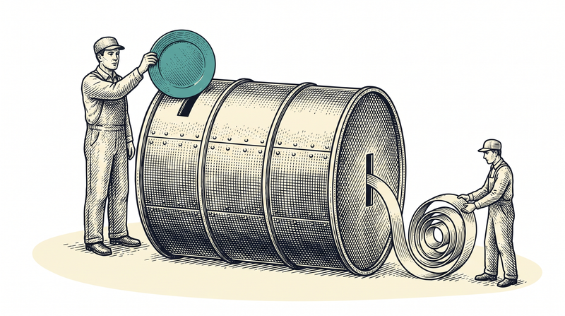 A riveted drum with no lid, no hinge and no other opening; the worker drops the teal plate through its single slot while the finished strip emerges by itself at the far end for a second worker to roll up