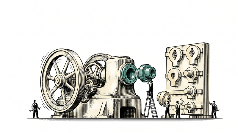 A large engine with a single socket on its flank; a rack beside it holds differently keyed adapter heads, and as a figure on a ladder lifts one head out of the socket and slides another in, the engine's flywheel keeps turning throughout