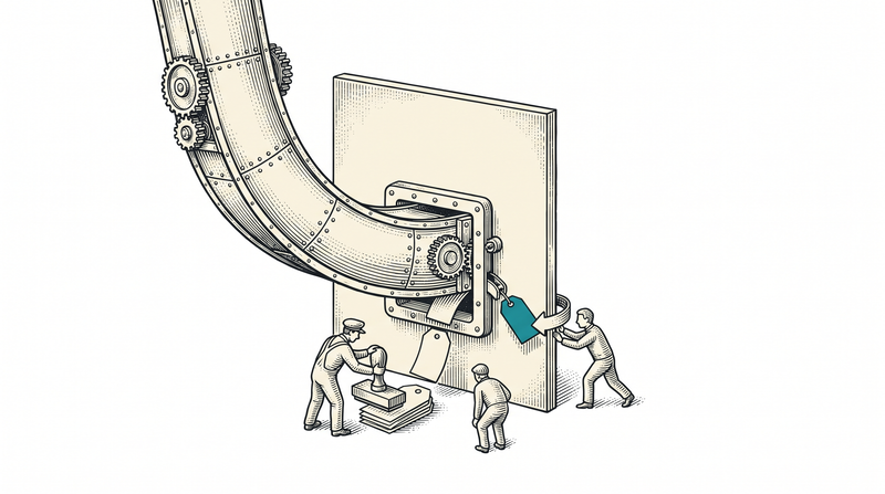 A hatch set into a wall with a chute curving down into it; orders drop in from outside through the chute, the figure at the hatch stamps each one as it lands and sends a small tag back up the same chute, and the wall has no other opening