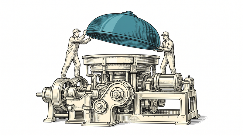 Two workers lift the cover off the machine; every part beneath is already seated, with no packing or loose bolt around it