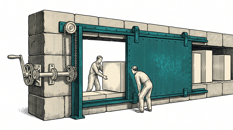 A sliding plate half-covers the single opening in a thick wall; the worker inside sets down what shows through the open part, and a crank on the wall sets how far it opens
