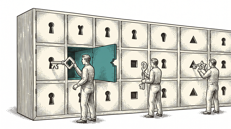 Every door has a differently shaped keyhole; only the compartment whose shape matches its key stands open, while the two held by non-matching keys stay shut