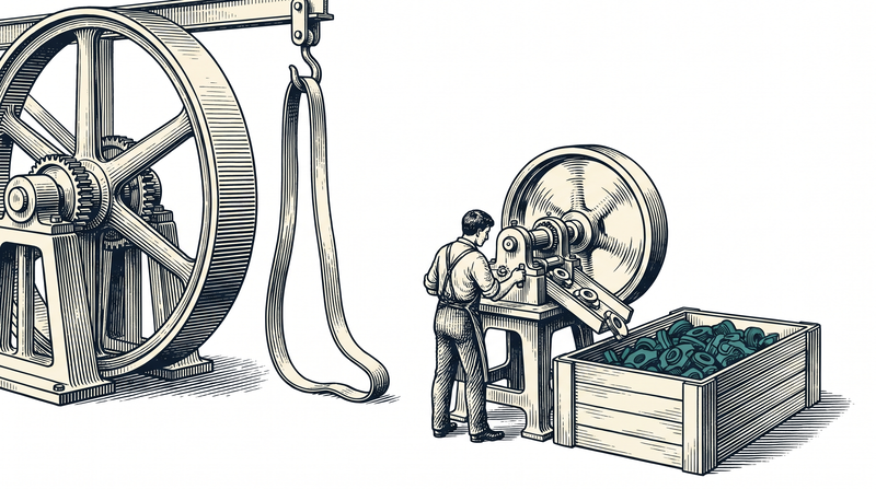 The belt from the central wheel hangs slack on a hook, the link broken; the station keeps turning on its own flywheel, the operator keeps working and the finished teal pieces gather in the bin beside it