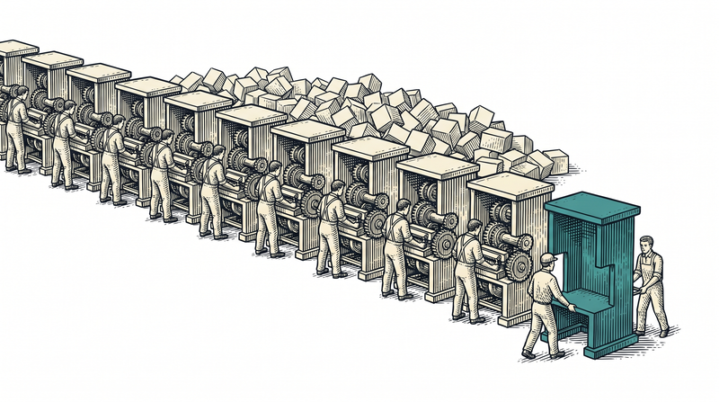 Every stall in the long row is taken, each with a worker at it; at the far right end one more person is being guided into the last empty teal stall, with a heap of used-up blocks piled behind the row