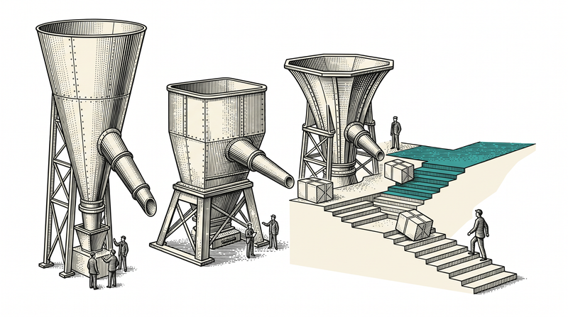 Three giant funnels of different shapes above one single broad staircase; whichever funnel a parcel comes from, it lands on the same teal step and goes down the same stairs