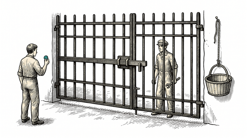 The gate is shut with its bar down; the basket beside it is empty, inside the mechanic waits with a wrench in hand having started nothing, and the person outside holds the teal token but has not dropped it in yet