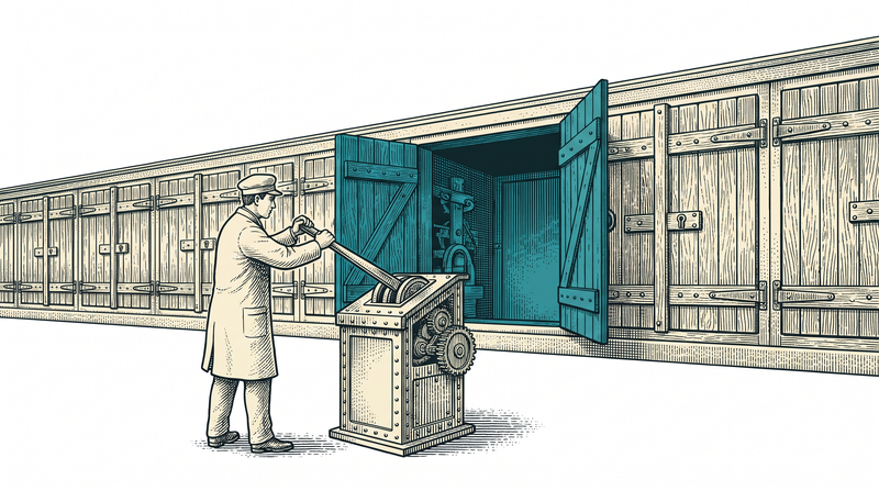An operator throws the single lever on one switchboard and only two shutters in the long facade swing open together; nobody else stands anywhere along it