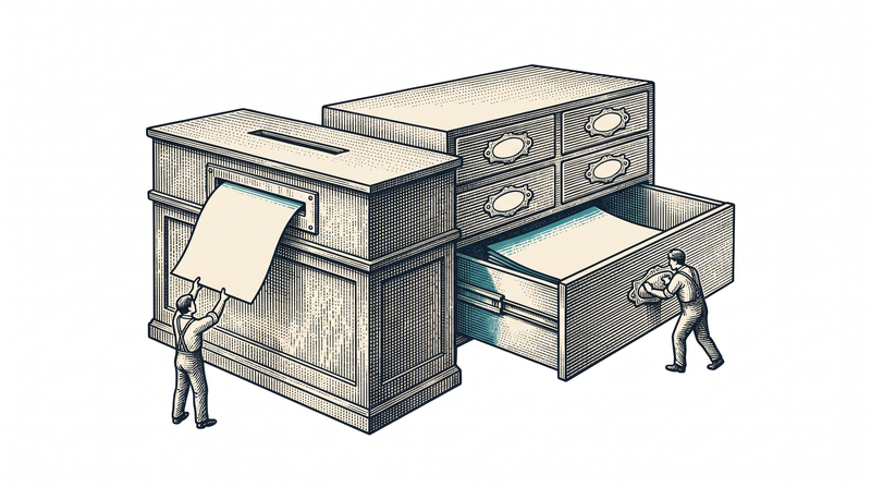 A short counter with a small bank of drawers behind it; a figure takes the printed sheet emerging from the counter's slot while an identical copy has slid into the open drawer behind, which a second figure is pushing shut, and every drawer's label plate is blank