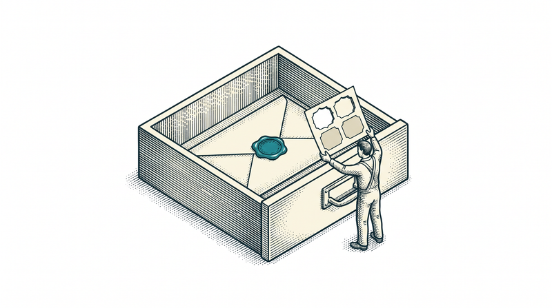 A sealed envelope closed with a wax seal lies in a single open drawer; the figure lifts out not the envelope but the small card copy beside it, on which only two fields are open and the rest are filled-in blanks, while the sealed envelope stays untouched in the drawer
