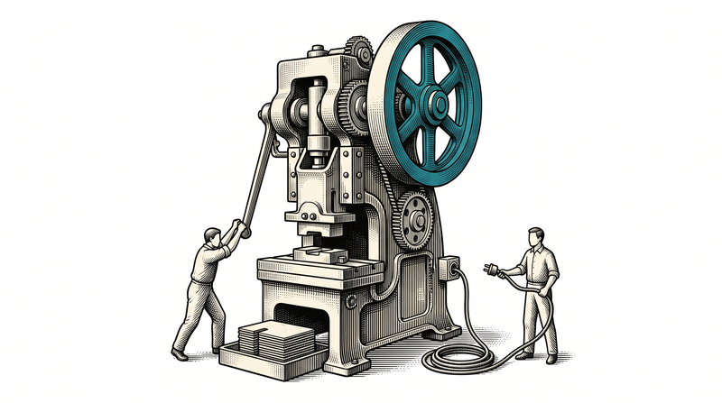 A worker holding the plug without connecting it while the cord lies coiled on the floor and the machine keeps stamping pieces into its tray