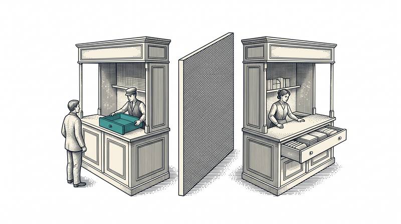 Two stalls with a solid partition between them; the left one's teal drawer is empty with a customer waiting in front of it while the right one is still full with nobody waiting — and neither can see the other