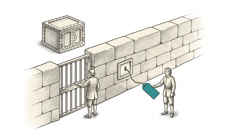 A closed strongbox stands beyond a thick wall; through the wall's single hatch only a teal tag on a cord has been passed to the near side, while the barred gate beside it stands closed and would have to be lifted to let anything through