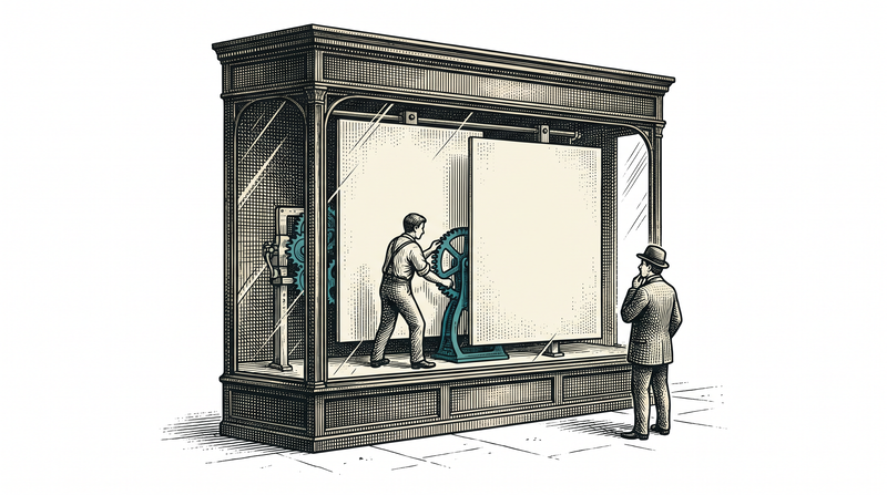 A worker turning a crank inside a shop window as one blank board face slides aside to reveal another, with a passer-by stopped outside