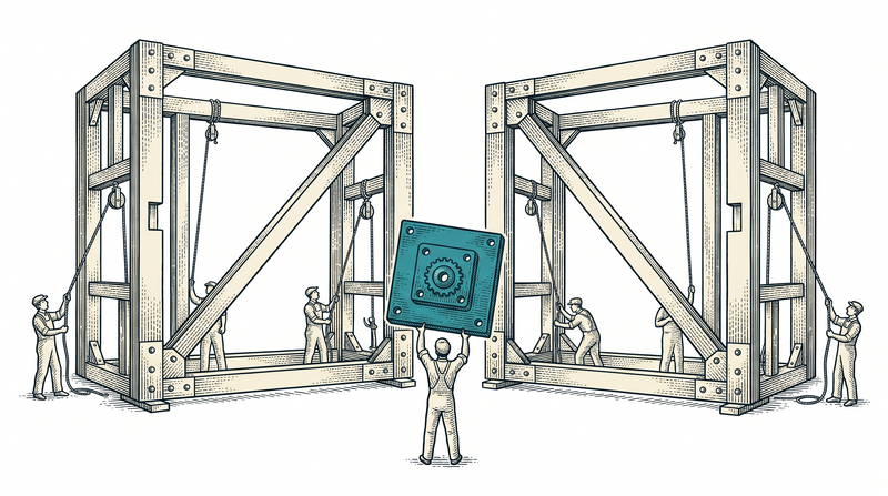 Two frames built from the same parts, one the mirror image of the other, with a worker holding up the single part that fits either