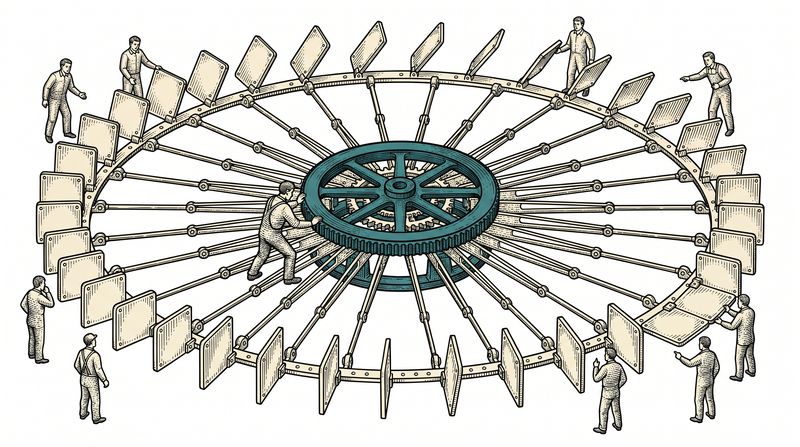 Turning the single central wheel tips every flap around the ring at once through the rods tied to it; not one flap has a handle of its own