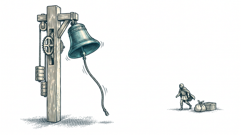 A teal bell swinging from a freshly pulled cord while a distant figure, having set down the sack and box they were carrying, starts walking toward the post