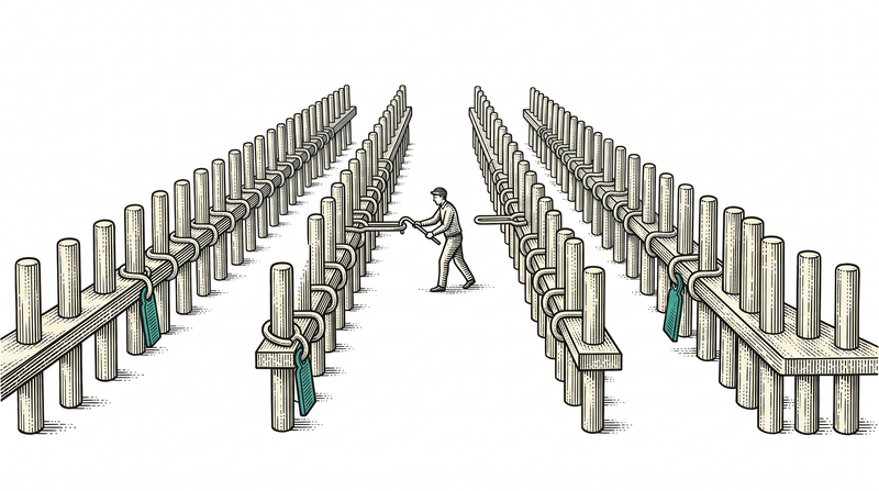 Two facing rows of pegs; a worker hooks a short link from each peg to its partner, with teal markers hung at the places where a partner is missing or doubled