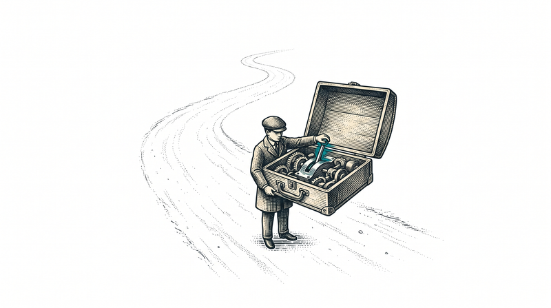 A lone figure on an empty road pressing a lever inside a case opened on their forearm, with nothing else anywhere around