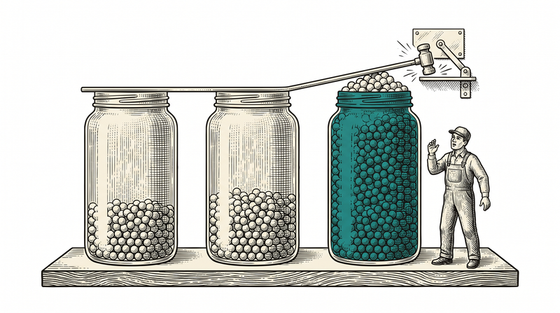Three identical jars side by side; the rod lies flat across the first two but has tipped up at the far fuller teal third one and struck the plate, turning the worker toward the sound — with no tick marks or scale anywhere on the jars