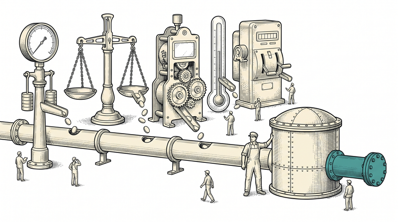 Every measuring device in the row drops its token into the same pipe and the pipe runs into a closed drum; the drum's teal outgoing pipe is capped shut, yet the devices keep reading and the drum keeps taking them in
