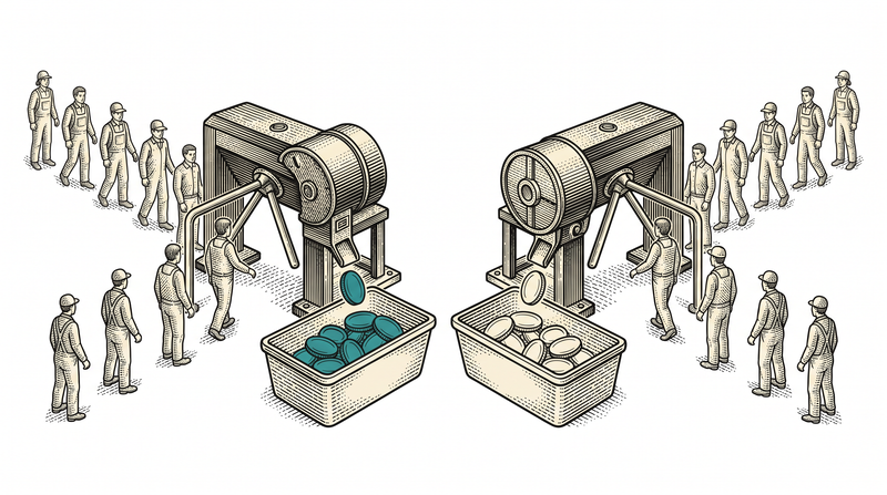Two separate turnstiles side by side; two lines of workers pass through their own one without ever mixing, and each turnstile drops its token into its own basket alone — the left basket's are teal