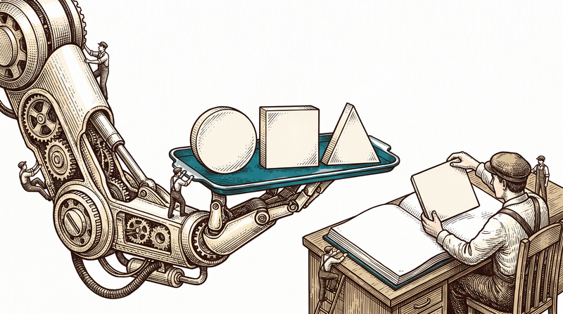 A mechanical arm extends a tray holding three differently shaped tokens toward a seated figure at a desk; it is the figure's own hand that lifts one token and places it on the open ledger in front of them, and the machine has no arm anywhere near the ledger