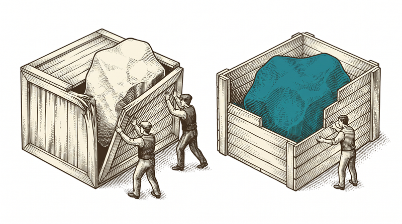 Two crates side by side: on the left two figures force an irregular shape into a rigid rectangular one and its side is buckling; on the right a third figure builds the crate plank by plank to follow that same shape, and it sits inside with room to spare