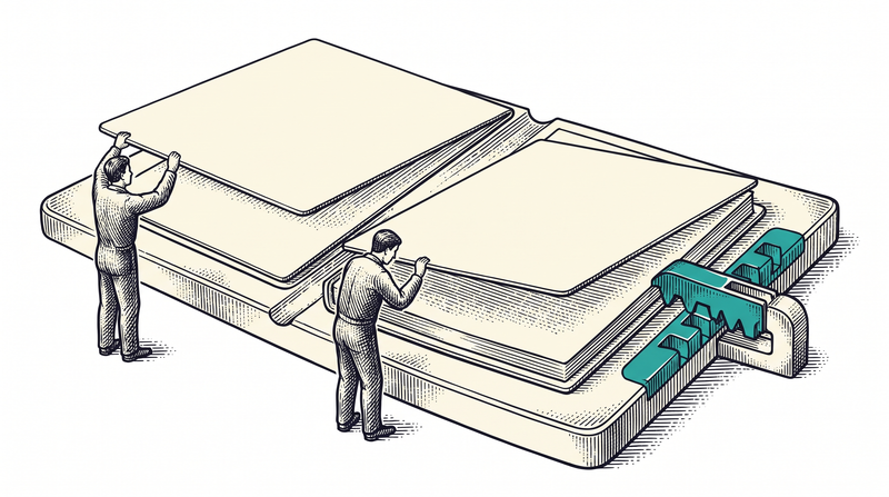 One folder under stacked covers; one person has raised only the top cover while another sees deeper, and the toothed catch at the edge marks each opening irreversibly