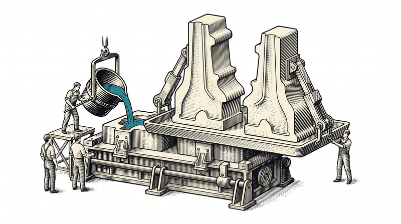 A casting bench where one mould is poured and two pieces of the same shape come out, one slightly taller than the other