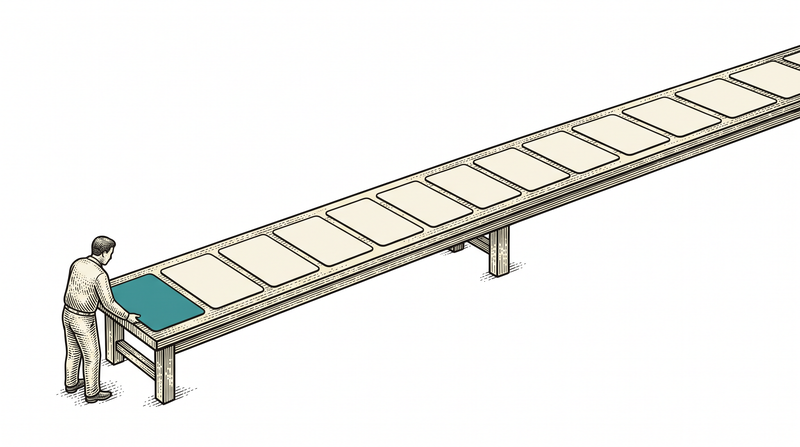 An unbroken run of blank cards laid end to end along a long bench; a worker sets the new teal card at the near end, with no gap anywhere in the line and nothing stacked in a heap