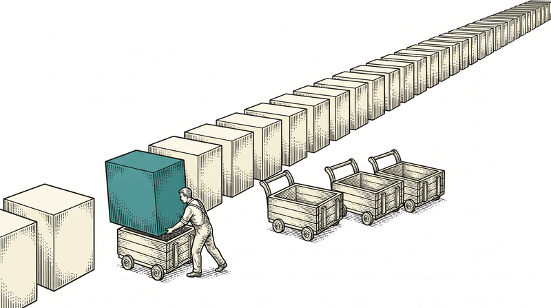 The block at the head of a single long queue is being set into a hand-cart while three more empty carts wait their turn alongside