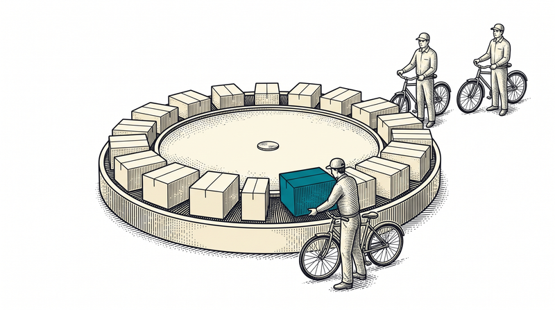 Parcels sit around the rim of a single turning table; the courier with a bicycle lifts the teal parcel that has come to the front while two more couriers wait in line