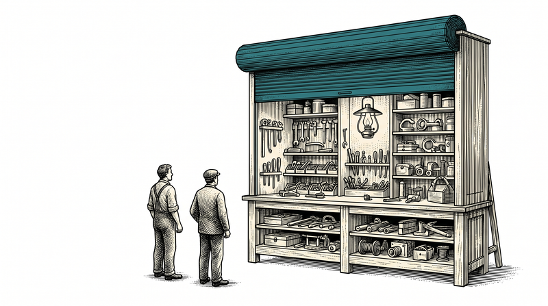 The teal shutter is rolled up and behind it every shelf is already stocked, every tool in its bracket and the lamp already lit; two workers have stepped back with their hands at their sides, nothing left to carry and not one crate unopened