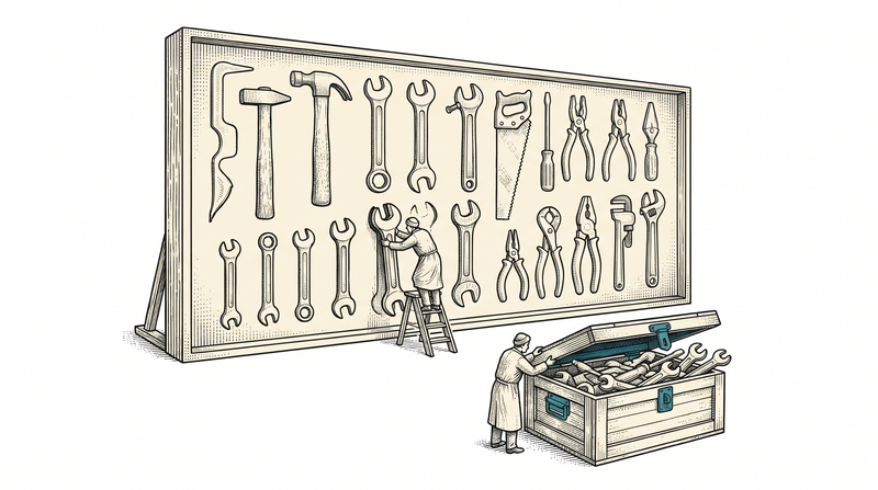 A workshop tool wall where each painted silhouette holds exactly one tool and no silhouette is doubled; a figure on a ladder returns a tool to its own outline while a second figure beside them closes the lid of a crate full of surplus duplicates