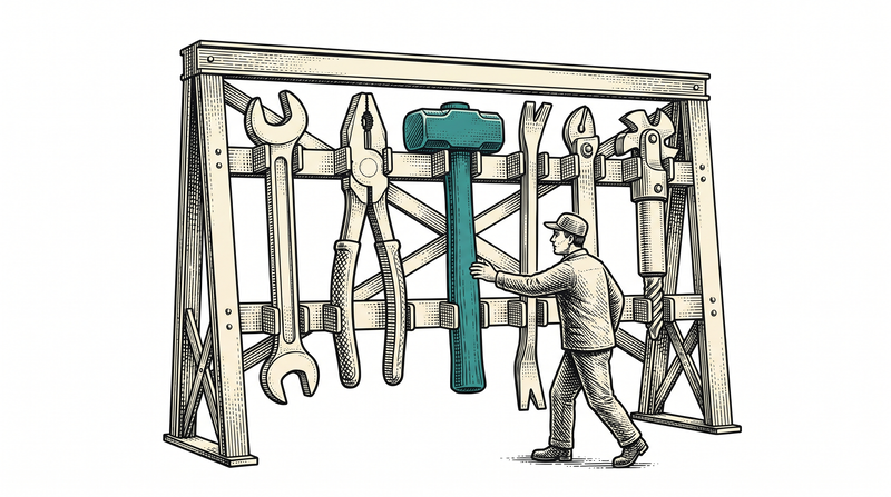 One rack with every implement seated ready in its bracket; the worker simply lifts one out, with nothing left on the ground