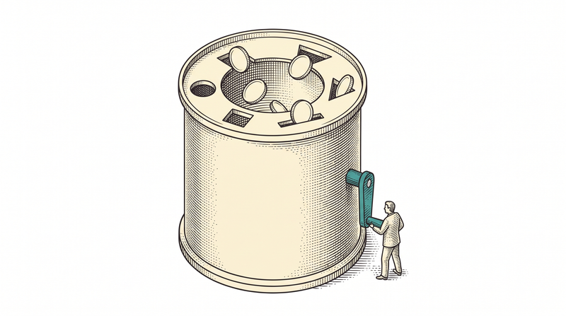 One single giant drum whose rim carries differently shaped openings, each token leaving through whichever one fits it — there is no second mechanism, and one worker turns the single teal crank