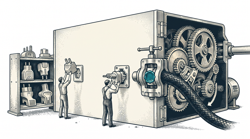 A plain wall panel with a single shaped port in its face; a rack beside it holds several differently shaped adapters, and as a figure lifts one out and slots another in, the machine seen in cutaway behind the wall keeps turning without pause, while a small seal press clamps the cable where it enters the wall