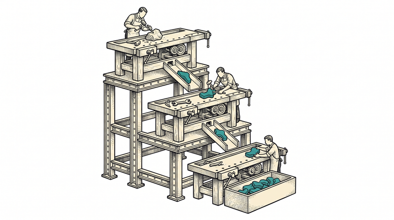 Three workbenches stacked on one sturdy frame and joined by short chutes; the figure at the top shapes a piece and drops it down, the one in the middle receives and works it before passing it on, the one at the bottom sets the finished piece on a tray — and none of them ever reaches onto another bench