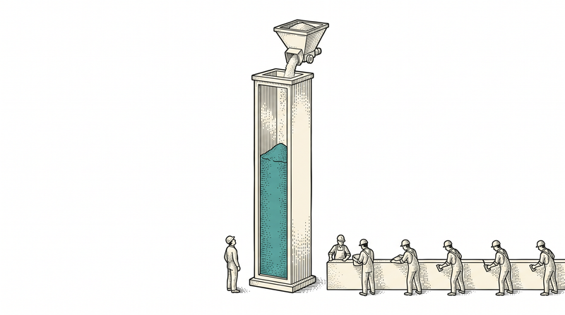 As each section of the wall is finished the hopper above tips a measured load by itself and the teal fill rises in the column; nobody pours by hand and the worker beside it simply looks at the level