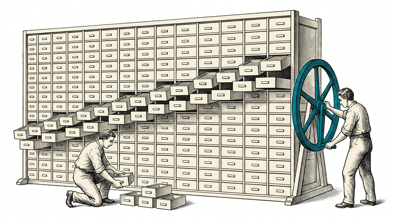 A huge rack of blank drawers row upon row; as a figure turns the teal crank at its right end a whole diagonal band of drawers has swung out of the face into a new order while the rest stay flush, and a second figure kneeling below pulls one single drawer out by hand