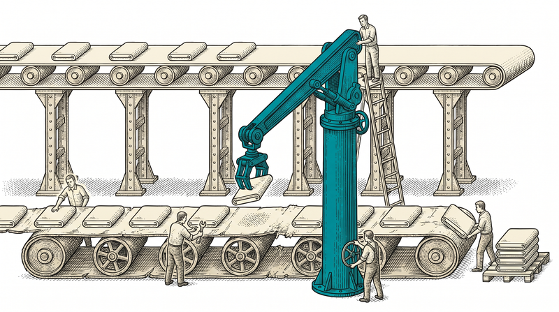 Two lines one above the other: the old lower line is still working with its worn belt and figures still taking pieces off it, while the new upper line turns empty on its trestles; the teal transfer arm in the middle lifts a single piece from the lower line up onto the new one